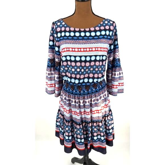 Eliza J Moroccan Inspired Elastic Waist Circle Print Dress in Navy Blue – Size 8 - Picture 1 of 7